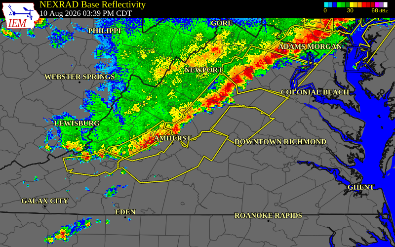 Radar snapshot during the Aug 10, 2026 wind event near 1 SE Covesville, Albemarle County, Virginia, with NWS warning polygons