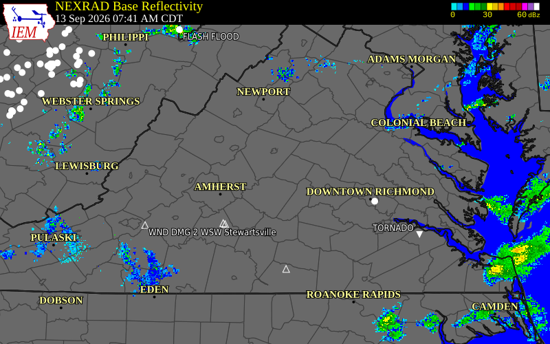 Current NEXRAD radar over Albemarle County, Virginia with recent storm report locations