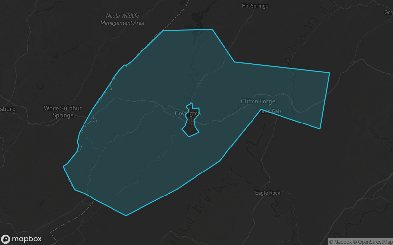 Map of Alleghany County, Virginia showing the county boundary and surrounding cities