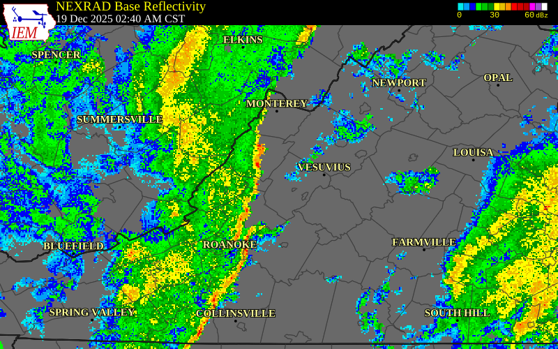 NEXRAD radar during the Friday, December 19, 2025 storm activity in Alleghany County, Virginia