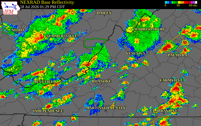 NEXRAD radar during the Saturday, July 18, 2026 storm activity in Alleghany County, Virginia