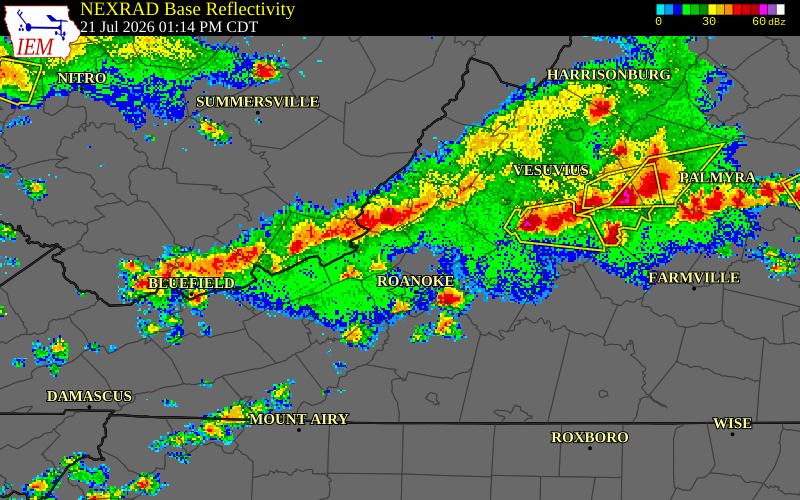 NEXRAD radar during the Tuesday, July 21, 2026 storm activity in Alleghany County, Virginia