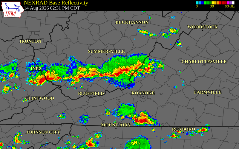 Radar snapshot during the Jul 21, 2026 wind event near Alleghany County, Alleghany County, Virginia, with NWS warning polygons