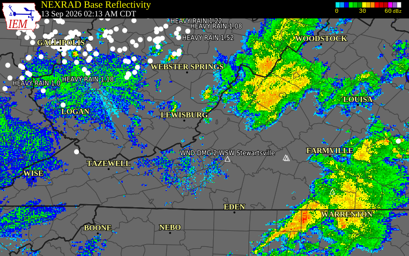 Current NEXRAD radar over Alleghany County, Virginia with recent storm report locations