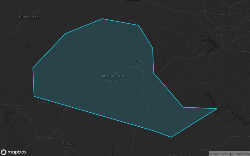 Map of Amelia County, Virginia showing the county boundary and surrounding cities