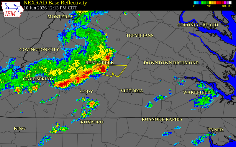 NEXRAD radar during the Wednesday, June 10, 2026 storm activity in Amelia County, Virginia