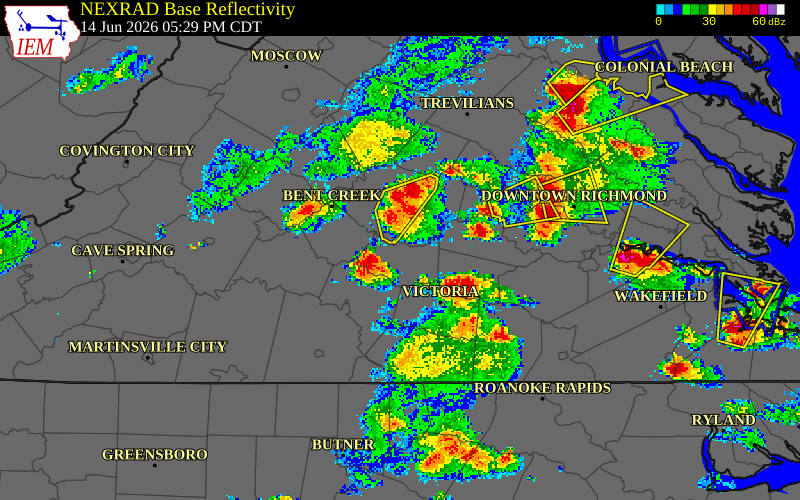 NEXRAD radar during the Sunday, June 14, 2026 storm activity in Amelia County, Virginia