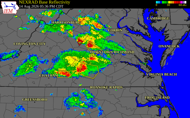 Radar snapshot during the Jul 18, 2026 wind event near Amelia County, Amelia County, Virginia, with NWS warning polygons