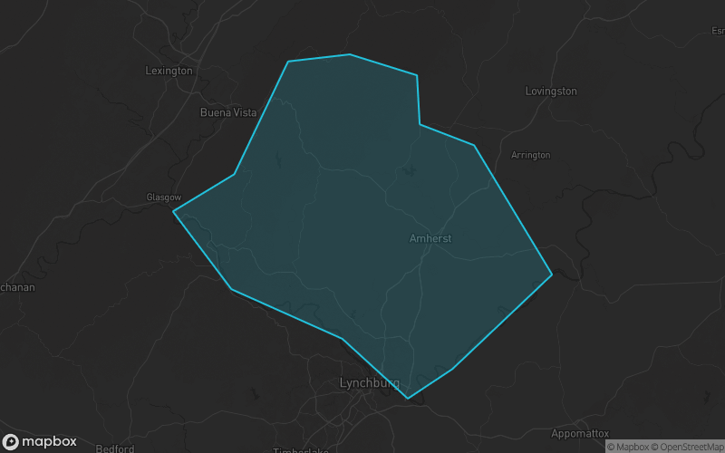 Map of Amherst County, Virginia showing the county boundary and surrounding cities