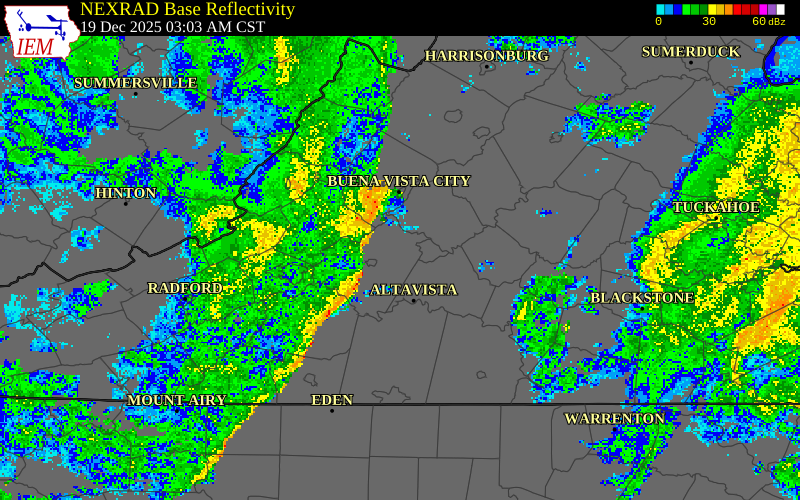 NEXRAD radar during the Friday, December 19, 2025 storm activity in Amherst County, Virginia