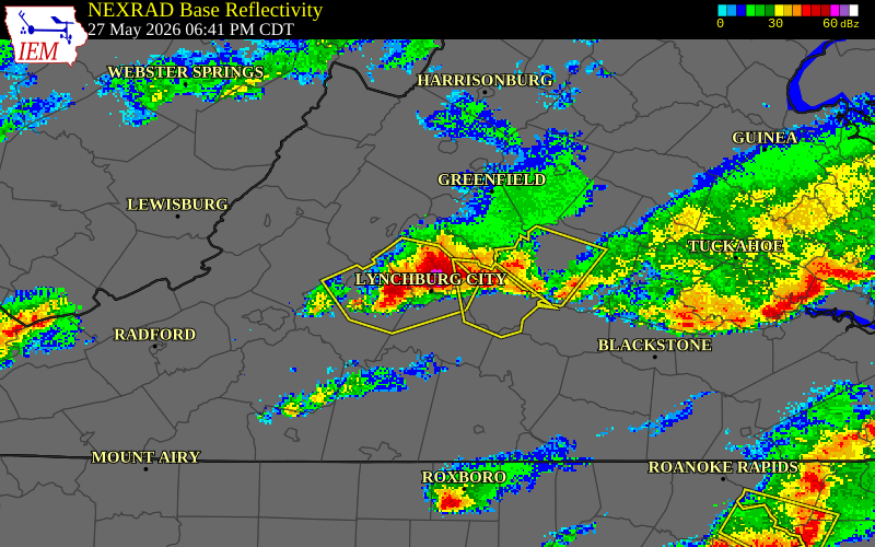 NEXRAD radar during the Wednesday, May 27, 2026 storm activity in Amherst County, Virginia