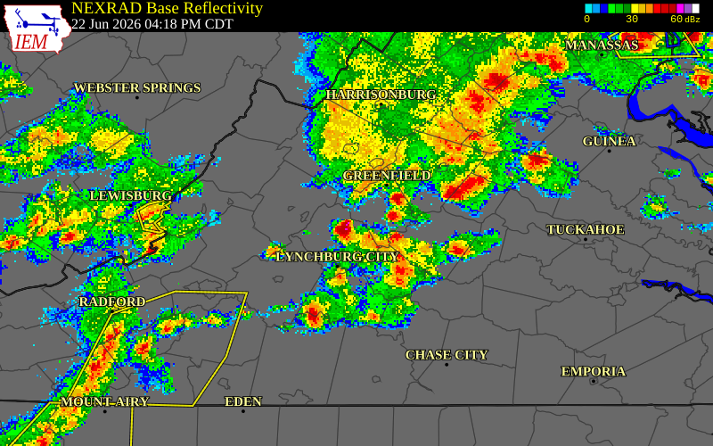 NEXRAD radar during the Monday, June 22, 2026 storm activity in Amherst County, Virginia