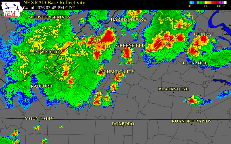 NEXRAD radar during the Saturday, July 4, 2026 storm activity in Amherst County, Virginia