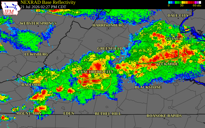 NEXRAD radar during the Tuesday, July 21, 2026 storm activity in Amherst County, Virginia