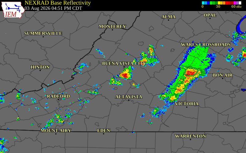 NEXRAD radar during the Monday, August 3, 2026 storm activity in Amherst County, Virginia