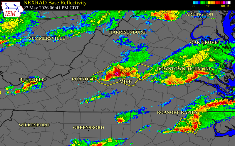 Radar snapshot during the May 27, 2026 hail event near 2 SSW Falconerville, Amherst County, Virginia, with NWS warning polygons