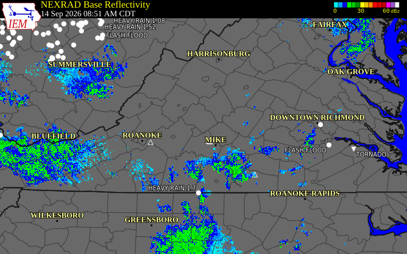 Current NEXRAD radar over Amherst County, Virginia with recent storm report locations
