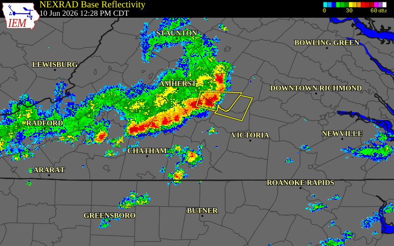 NEXRAD radar during the Wednesday, June 10, 2026 storm activity in Appomattox County, Virginia