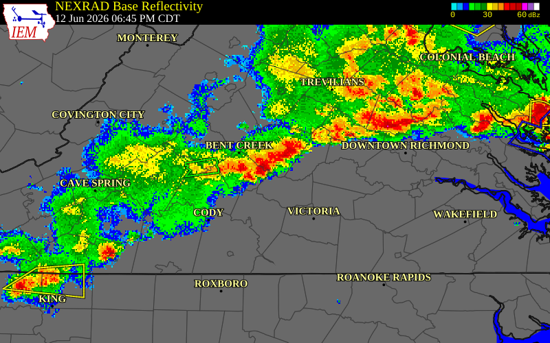 NEXRAD radar during the Friday, June 12, 2026 storm activity in Appomattox County, Virginia