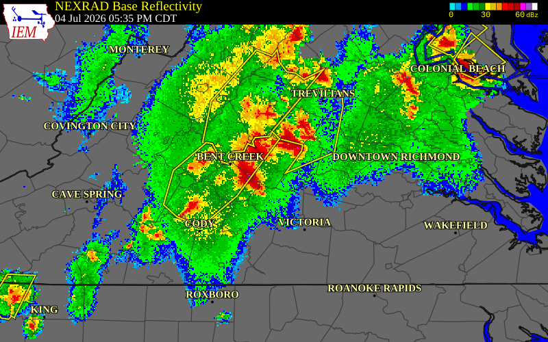 NEXRAD radar during the Saturday, July 4, 2026 storm activity in Appomattox County, Virginia