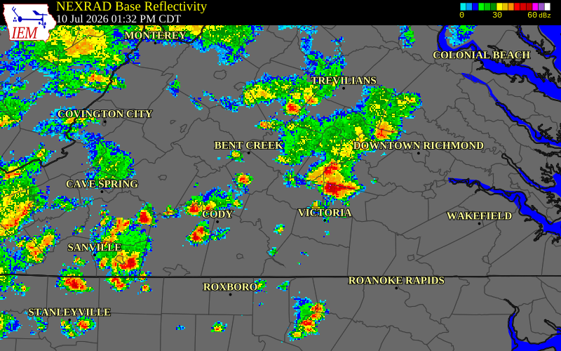 NEXRAD radar during the Friday, July 10, 2026 storm activity in Appomattox County, Virginia