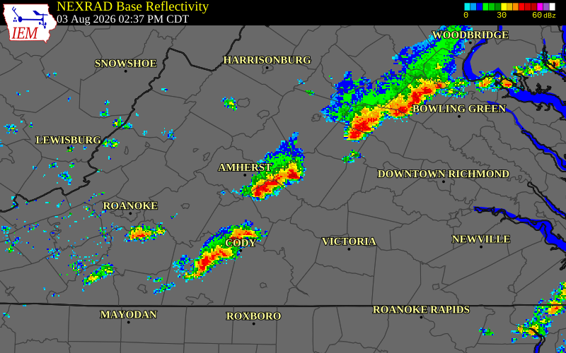 NEXRAD radar during the Monday, August 3, 2026 storm activity in Appomattox County, Virginia