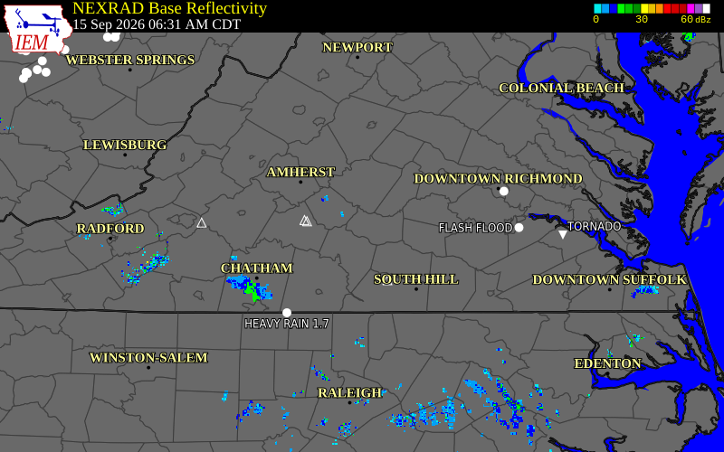 Current NEXRAD radar over Appomattox County, Virginia with recent storm report locations