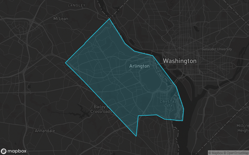 Map of Arlington County, Virginia showing the county boundary and surrounding cities
