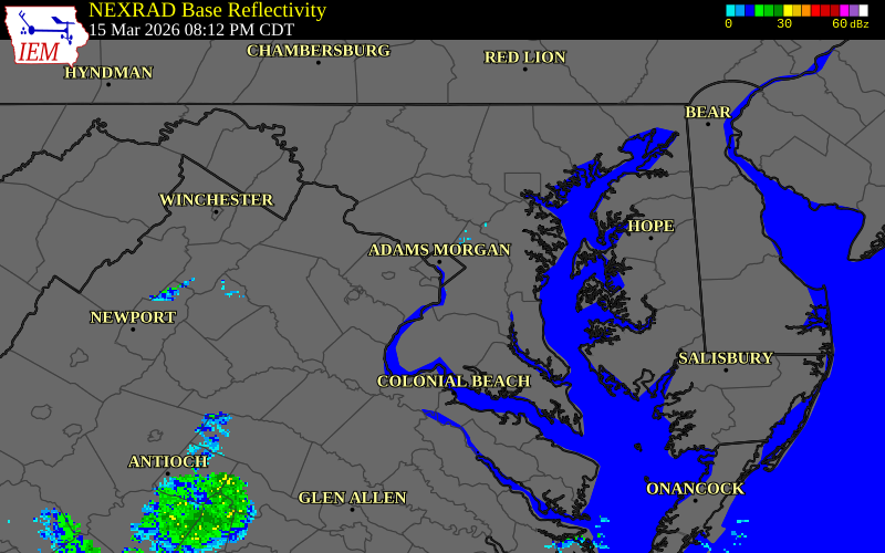 NEXRAD radar during the Sunday, March 15, 2026 storm activity in Arlington County, Virginia