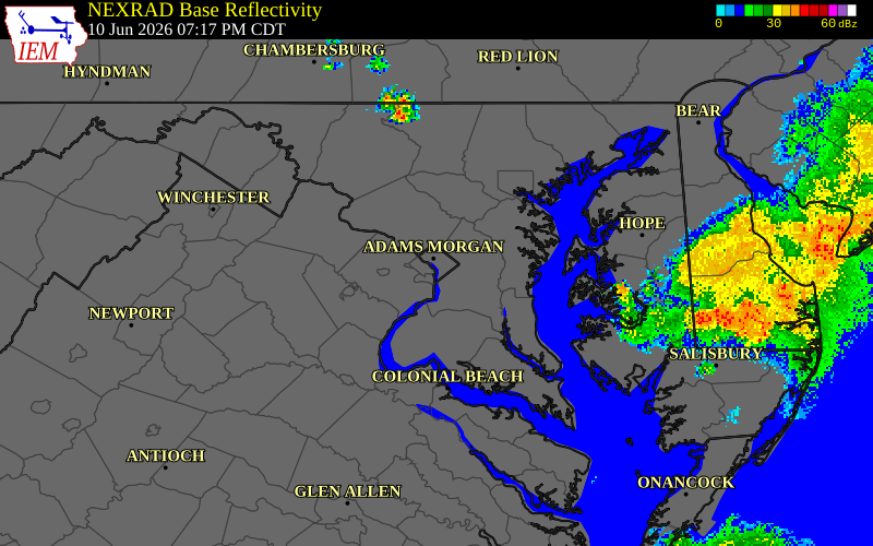NEXRAD radar during the Wednesday, June 10, 2026 storm activity in Arlington County, Virginia