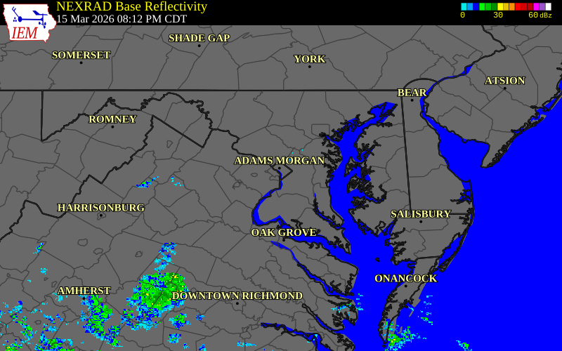 Radar snapshot during the Mar 15, 2026 wind event near Reagan National Arpt, Arlington County, Virginia, with NWS warning polygons