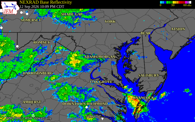 Current NEXRAD radar over Arlington County, Virginia with recent storm report locations