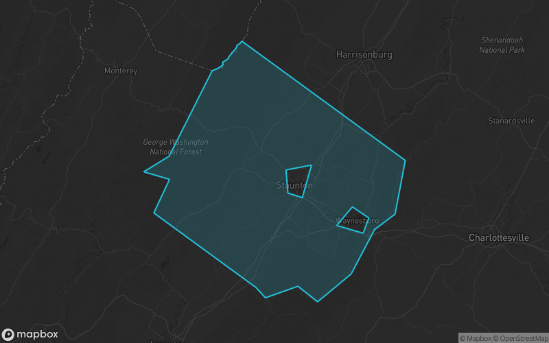 Map of Augusta County, Virginia showing the county boundary and surrounding cities