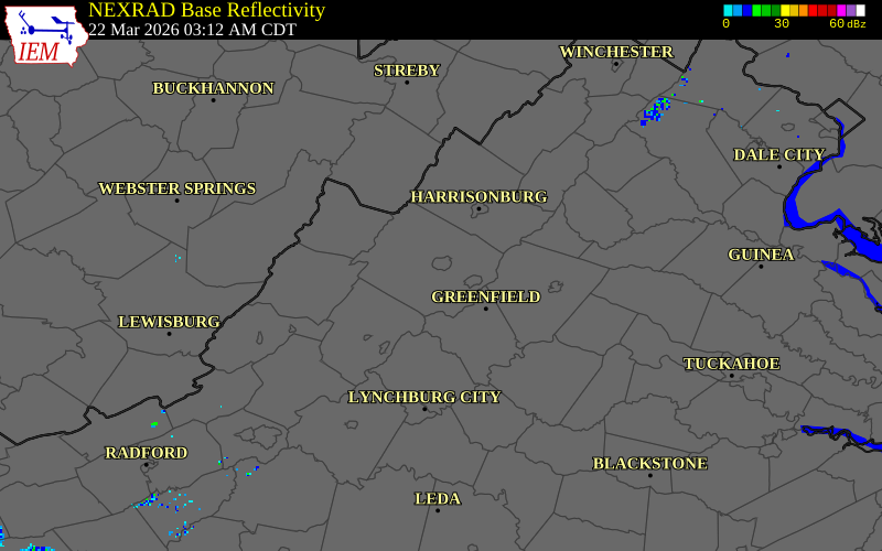 NEXRAD radar during the Sunday, March 22, 2026 storm activity in Augusta County, Virginia
