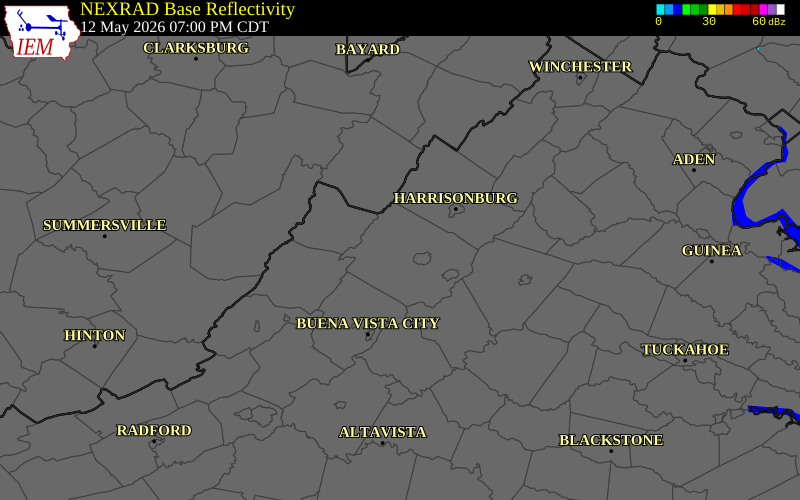 NEXRAD radar during the Tuesday, May 12, 2026 storm activity in Augusta County, Virginia