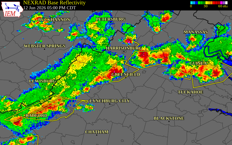 NEXRAD radar during the Friday, June 12, 2026 storm activity in Augusta County, Virginia
