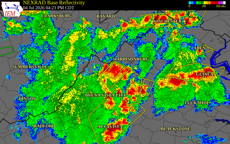 NEXRAD radar during the Saturday, July 4, 2026 storm activity in Augusta County, Virginia