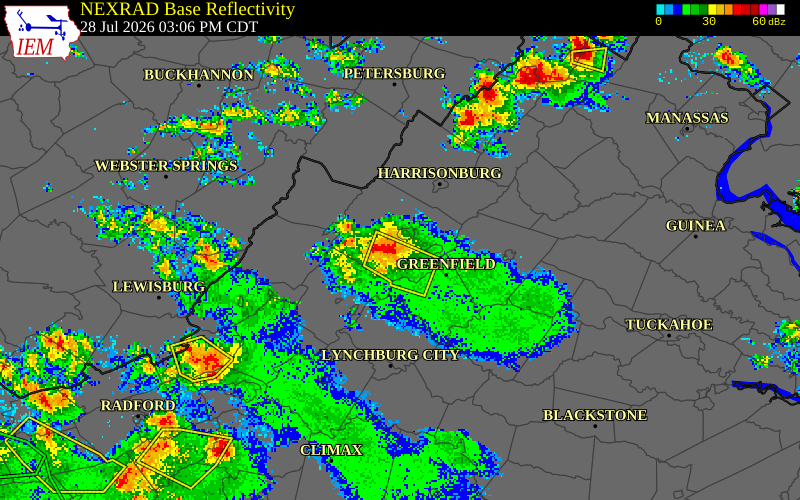 NEXRAD radar during the Tuesday, July 28, 2026 storm activity in Augusta County, Virginia