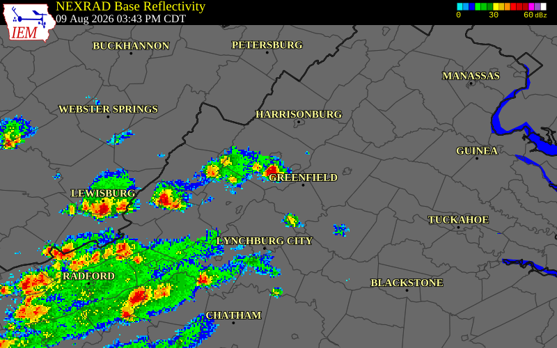 NEXRAD radar during the Sunday, August 9, 2026 storm activity in Augusta County, Virginia