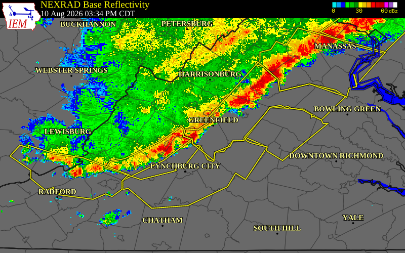 NEXRAD radar during the Monday, August 10, 2026 storm activity in Augusta County, Virginia