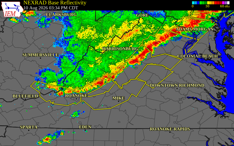 Radar snapshot during the Aug 10, 2026 wind event near 4 NW Wintergreen, Augusta County, Virginia, with NWS warning polygons
