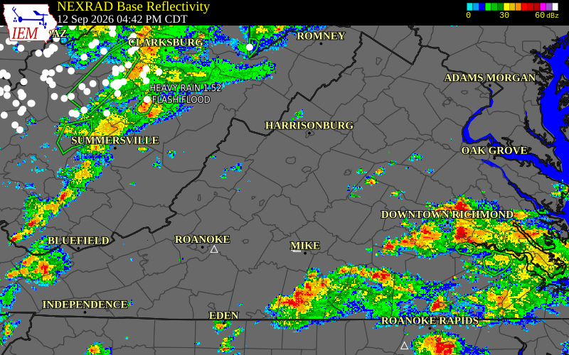 Current NEXRAD radar over Augusta County, Virginia with recent storm report locations