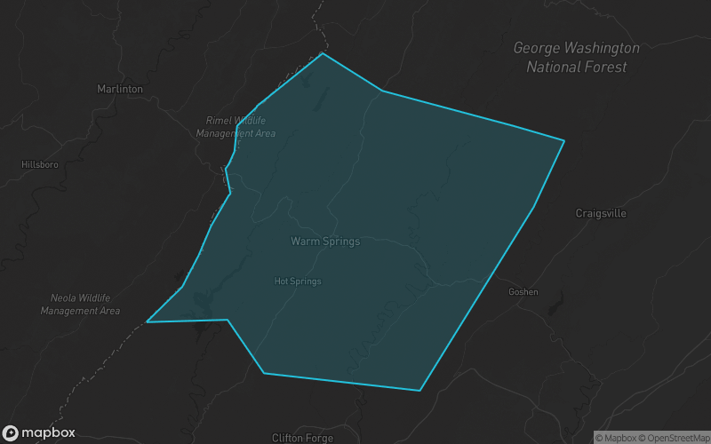 Map of Bath County, Virginia showing the county boundary and surrounding cities