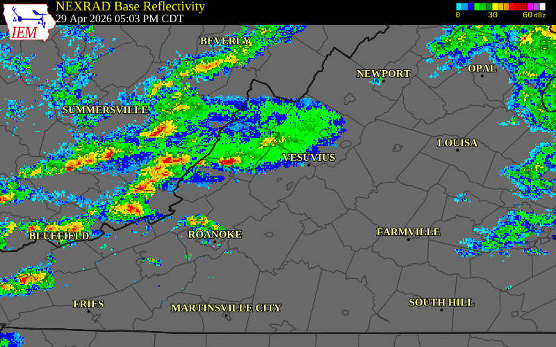 NEXRAD radar during the Wednesday, April 29, 2026 storm activity in Bath County, Virginia