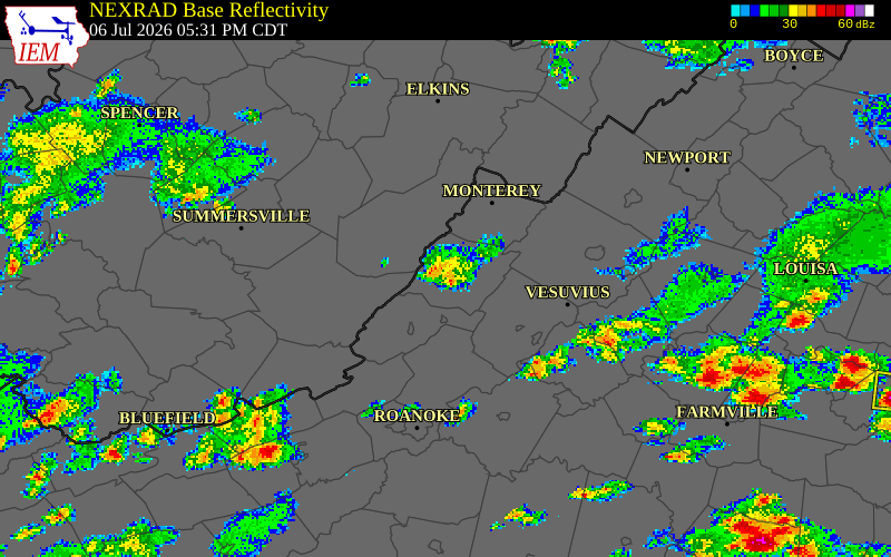NEXRAD radar during the Monday, July 6, 2026 storm activity in Bath County, Virginia