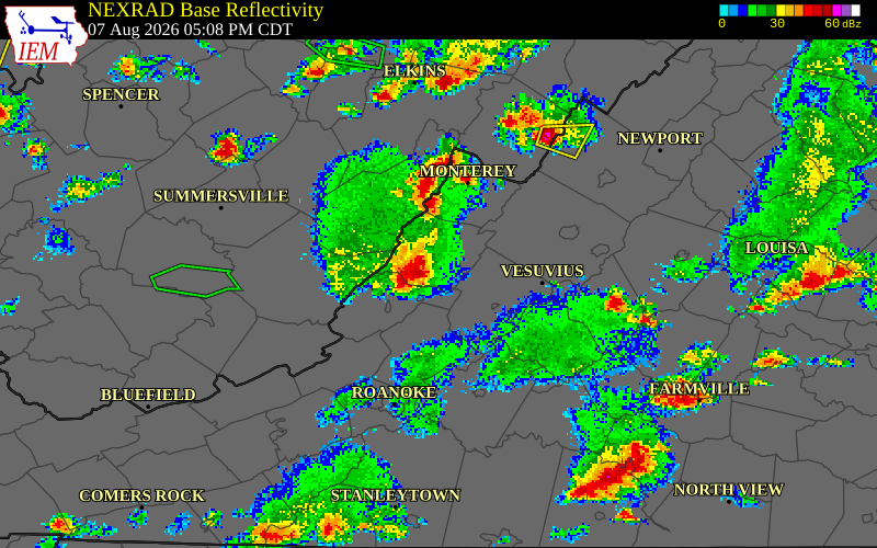 NEXRAD radar during the Friday, August 7, 2026 storm activity in Bath County, Virginia