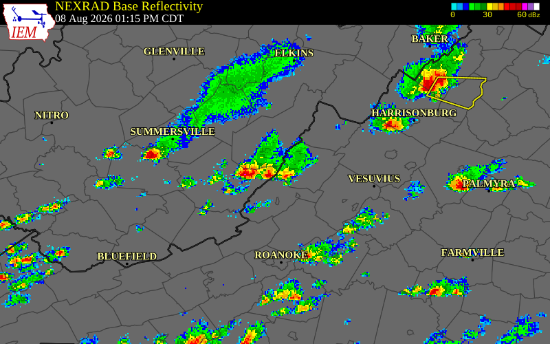 NEXRAD radar during the Saturday, August 8, 2026 storm activity in Bath County, Virginia