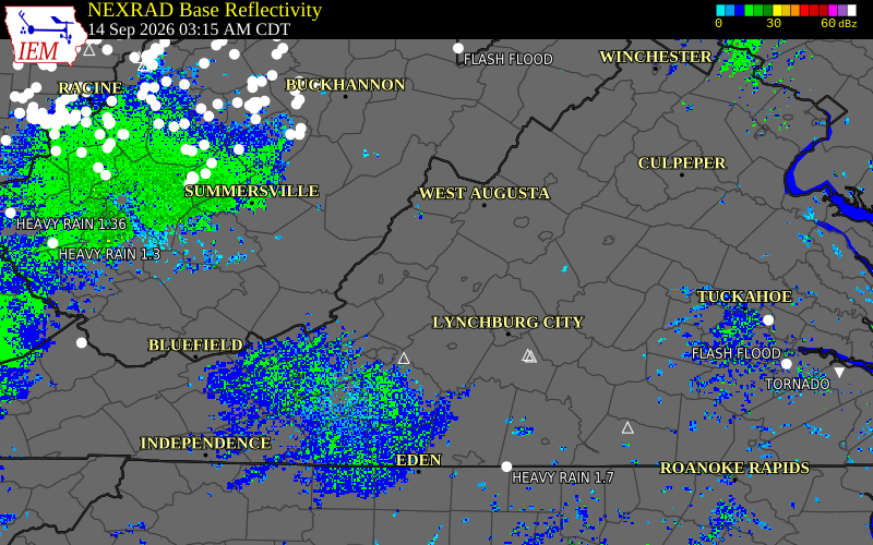 Current NEXRAD radar over Bath County, Virginia with recent storm report locations
