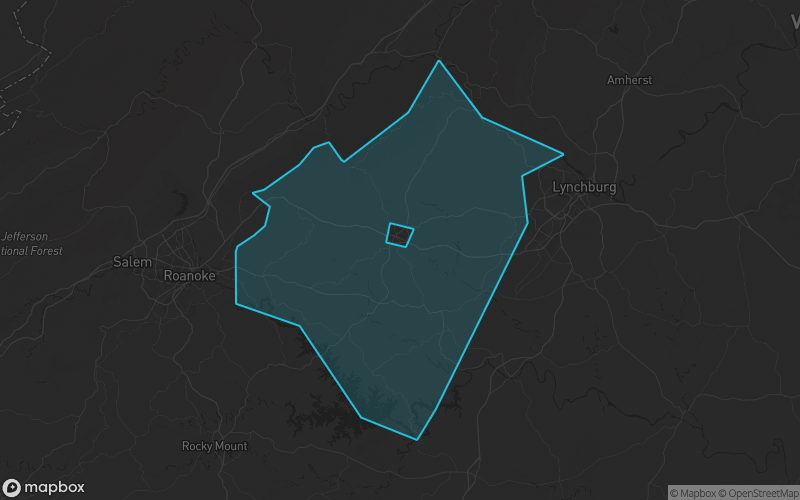 Map of Bedford County, Virginia showing the county boundary and surrounding cities