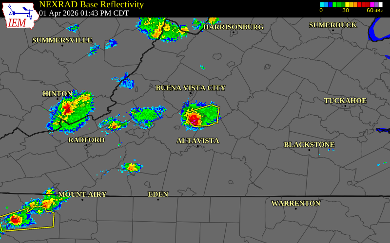 NEXRAD radar during the Wednesday, April 1, 2026 storm activity in Bedford County, Virginia